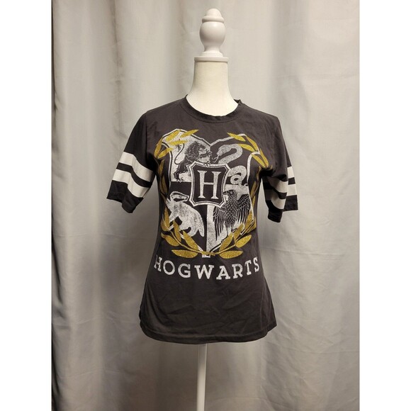 Harry Potter Hogwarts Tee Juniors Large 11/13 Glitter House Crest Gold Gray - Picture 1 of 6